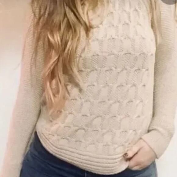 Max Studio Cream  100% Cotton Cable Knit Raglan Pullover Sweater Cabin Size M - Picture 1 of 5